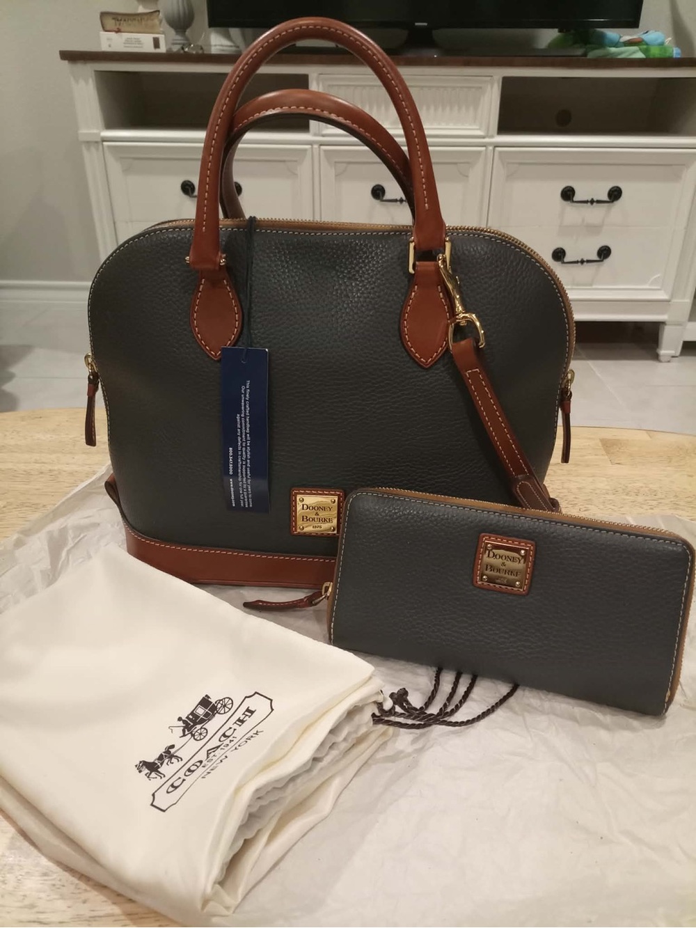 Dooney & Bourke Gray Pebble Leather Satchel with Brown Trim